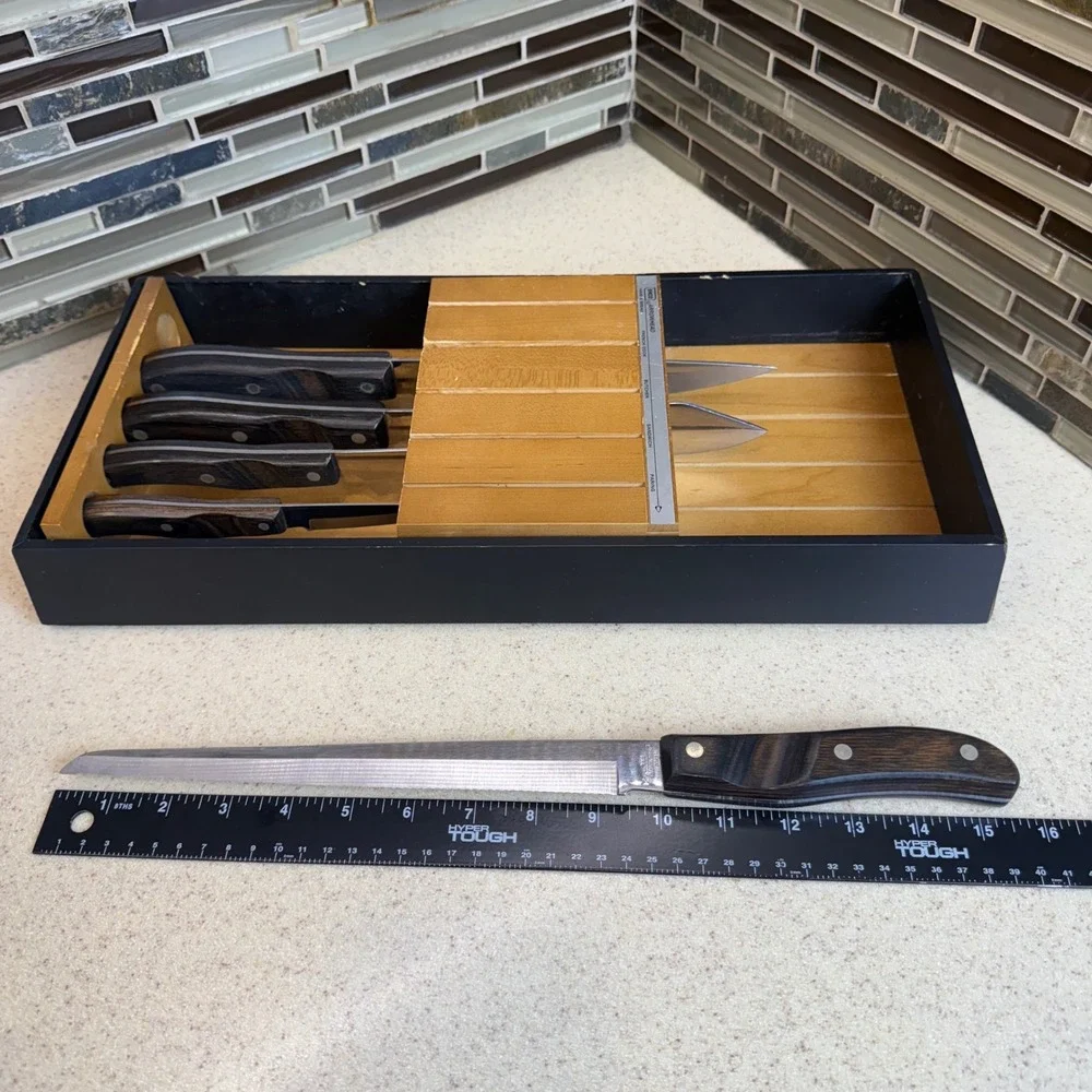 Vintage 1960s Ekco Arrowhead Knife Set 5 Piece Wood Handle USA Maple Wall Holder